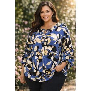 Ashley Stewart 22/24 Plus Blue Abstract LS Blouse Career Relaxed Work Roomy